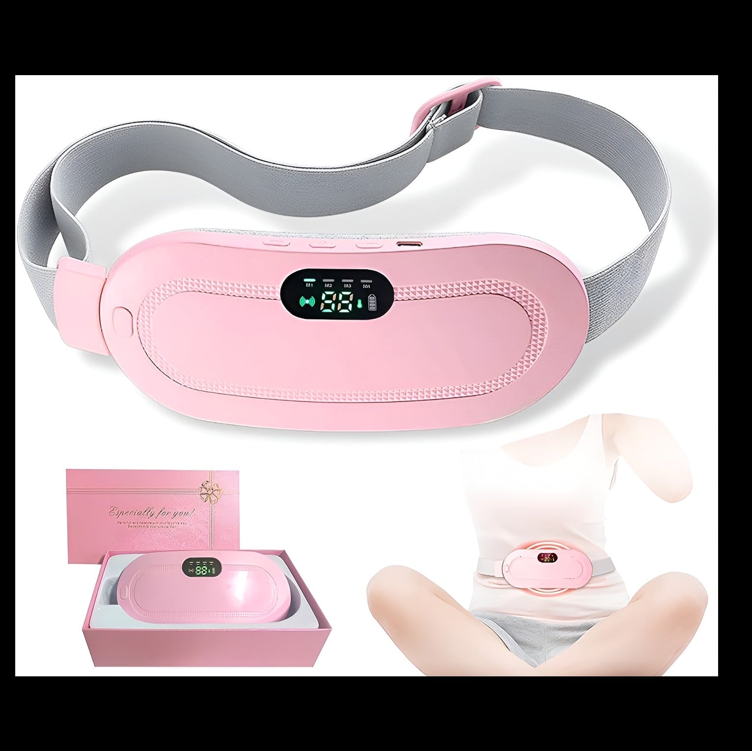 Period Pain Cramp Relief Belt -Portable Menstrual Heating Pad, Heated Belly Belt for Menstrual Cramp Relief with 3 Heat Levels and 4 Modes, Electric Belt Massage for Women and Girls